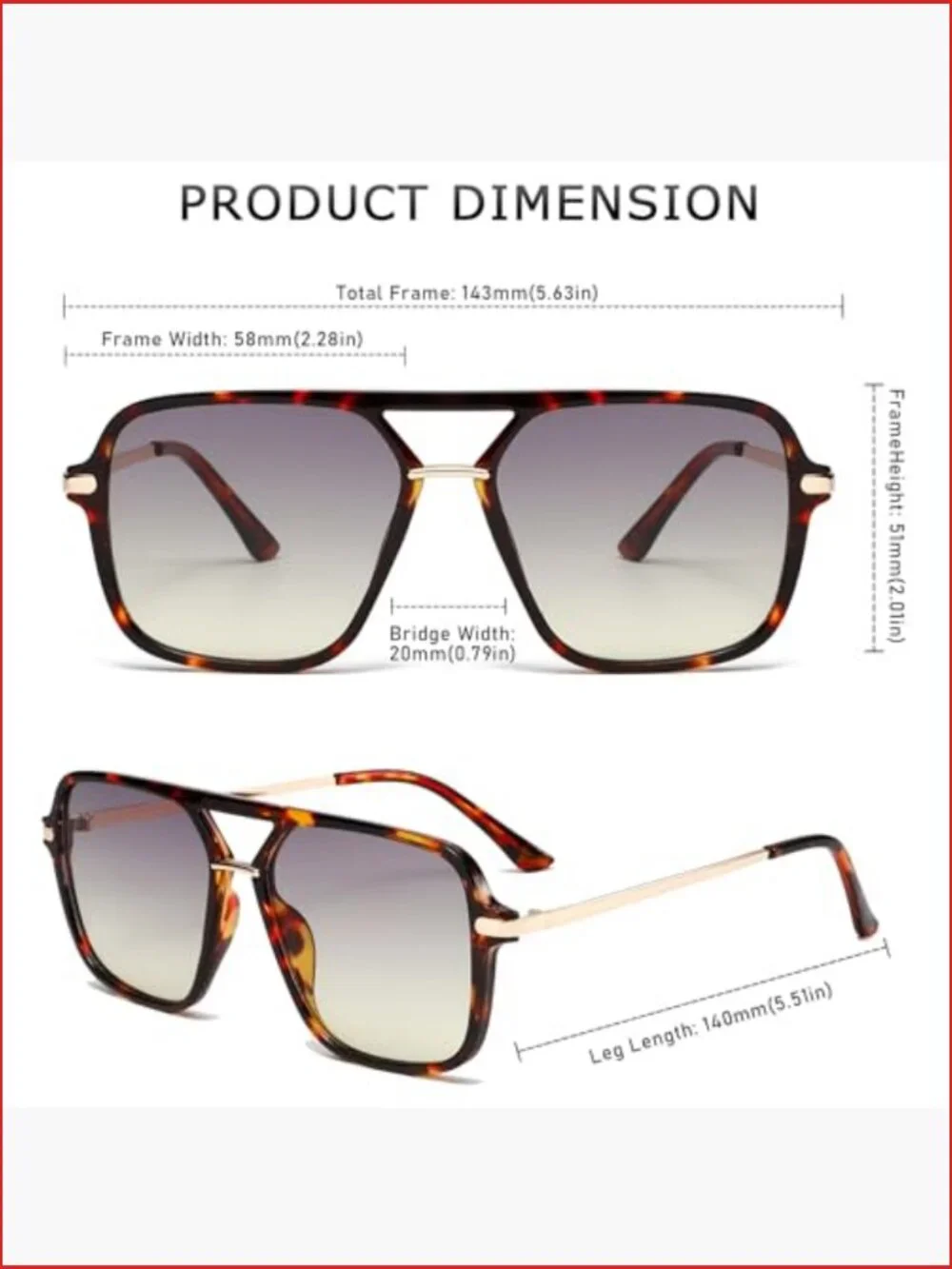 Retro Double Bridge Square Sunglasses UV400 Pilot Style Plastic Frame